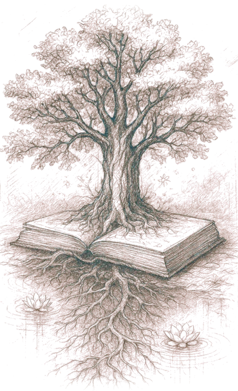 An open book with an old tree growing from it