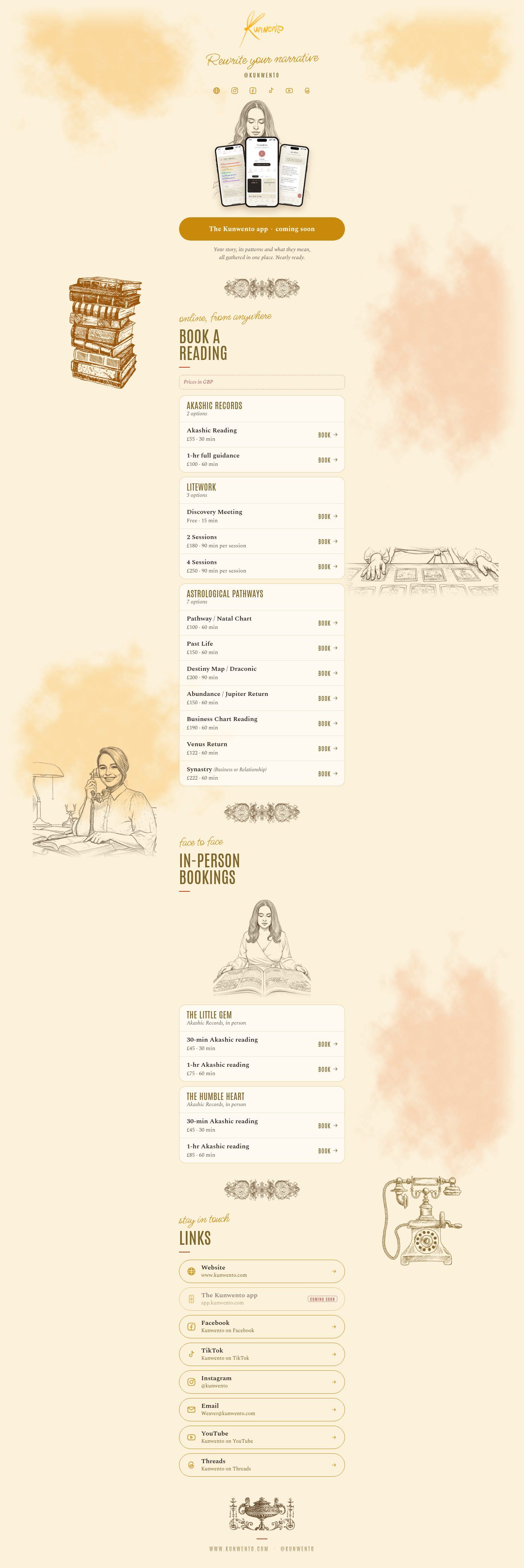 Kunwento Connect page: the Kunwento app in limited testing, online booking for Akashic Records readings, LiteWork coaching and astrology with prices in GBP, in-person Akashic readings at The Little Gem and The Humble Heart, and links to Kunwento on social media and email