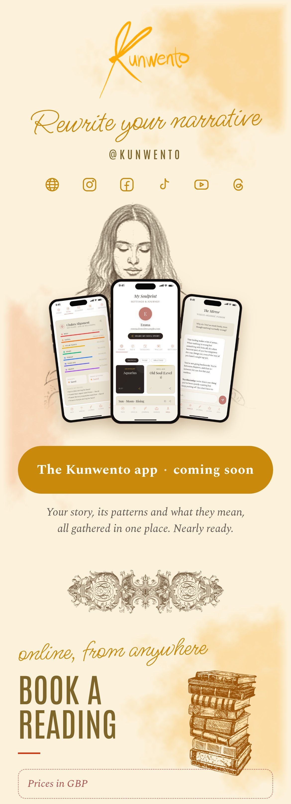 Kunwento: Rewrite your narrative. A sketched woman with phones showing the Kunwento app, a button for the app in limited testing, and the start of Book a reading online, from anywhere, with prices in GBP