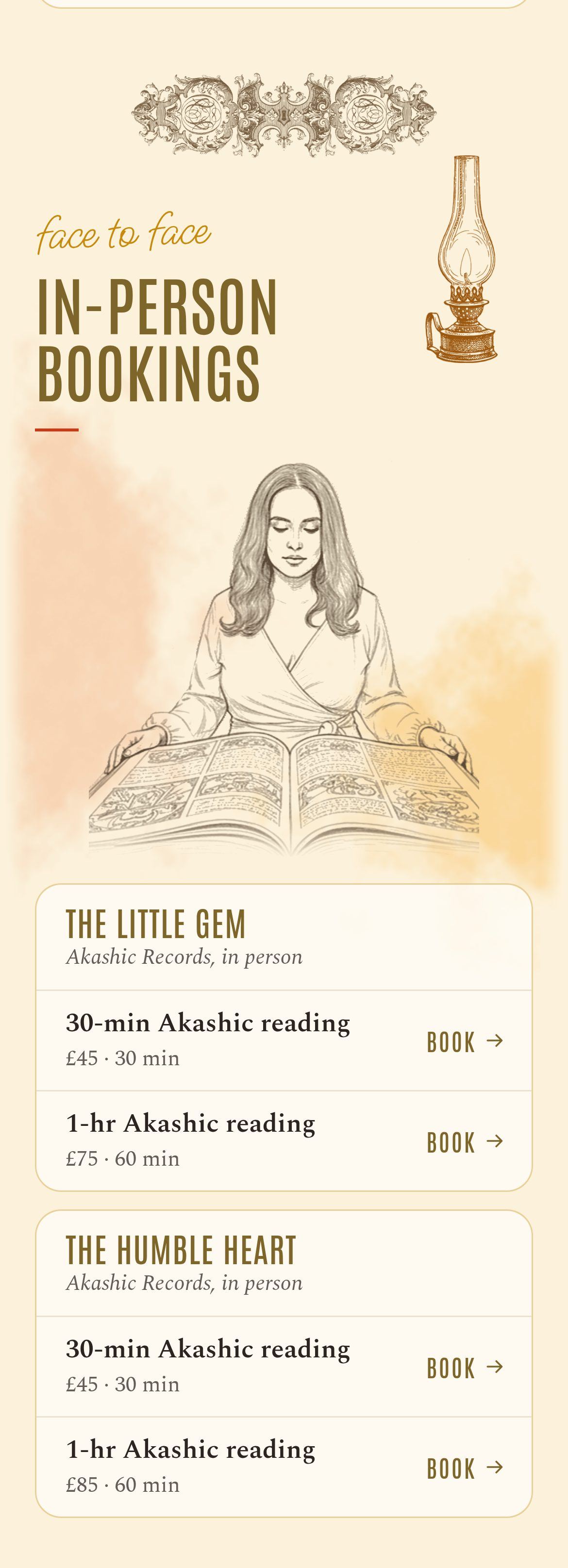 In-person bookings: a sketched woman reading a large book, with Akashic readings at The Little Gem (£45 for 30 minutes, £75 for 1 hour) and The Humble Heart (£45 for 30 minutes, £85 for 1 hour)